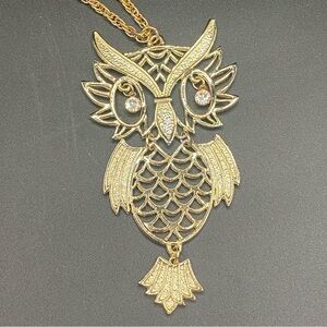 Large Owl Pendant Necklace on Gold Tone Rope Chain